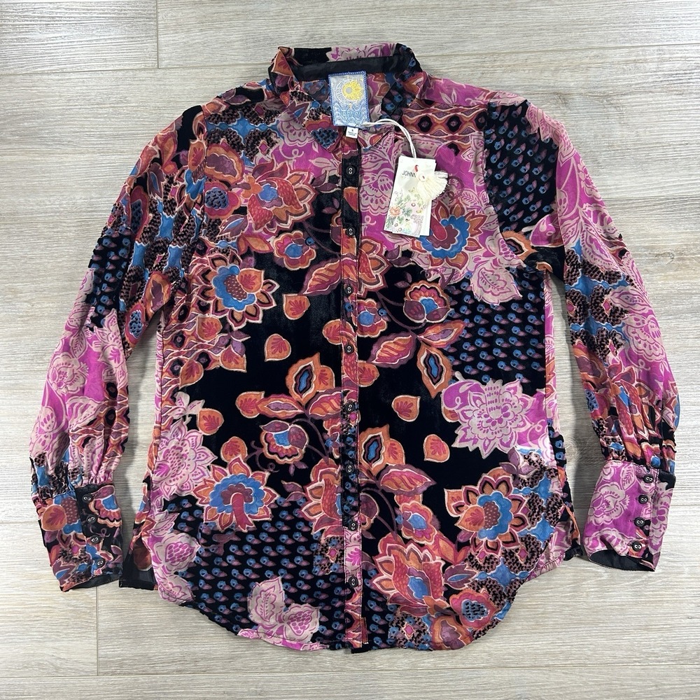 NWT Johnny Was Women's Small Yrene Burnout Velvet Button Down Blouse No Cami